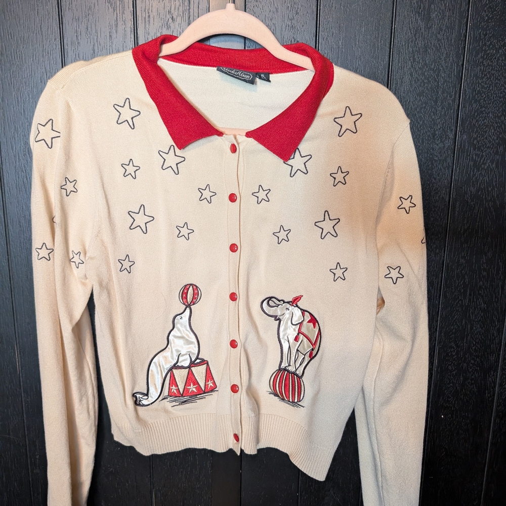 Voodoo Vixen Cream Cardigan with Red Circus Accents
